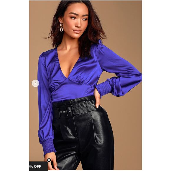 LULUS Head Held High Cobalt Blue Satin Long Sleeve Silky Blouse // XS - Picture 1 of 12